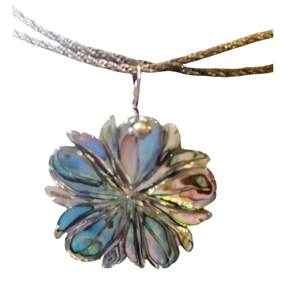 Vintage Abalone Flower Shell Pendant On Sterling Silver Chain 18" Long - Picture 3 of 11